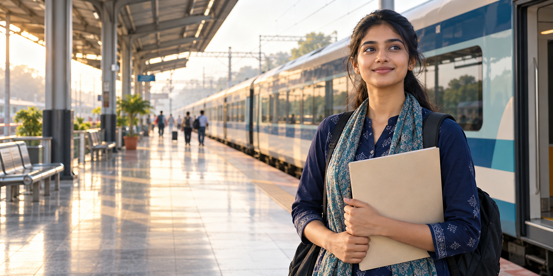 Railway recruitment aspirant holding a document folder on a station platform